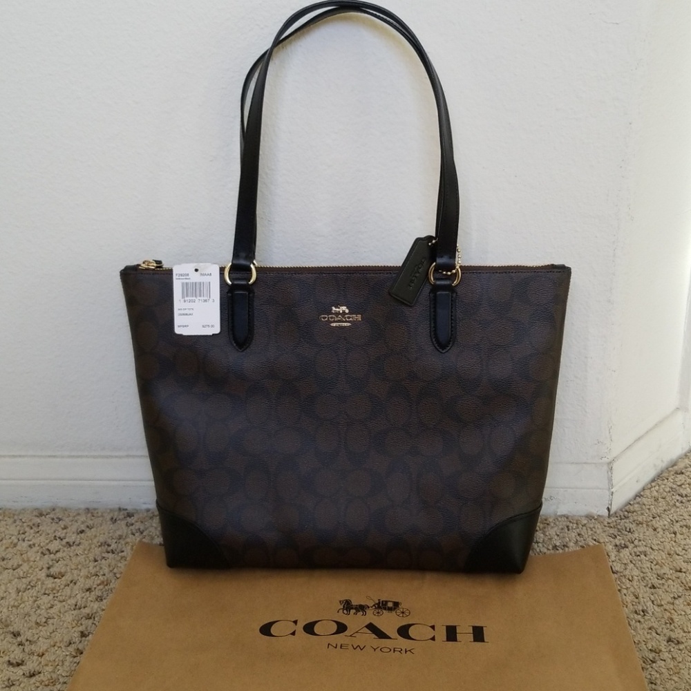 Coach Signature Zip Tote Bag Brown/Black